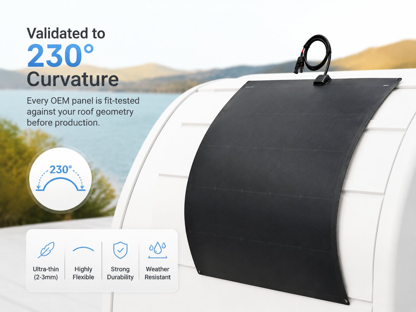 Validated to 230° curvature — fit-tested against your roof geometry